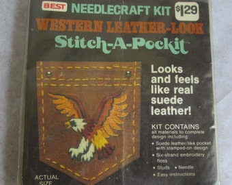 2 Vintage Best Needlecraft Kits Western Leather-Look Stitch-A-Pockets Eagle & Steer 1977