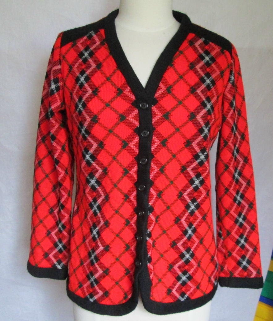 Vicky Vaughn Red and Black Argyle Sweater Cardigan 1971 Vicky Vaughn Red and Black Argyle Sweater Cardigan 1971