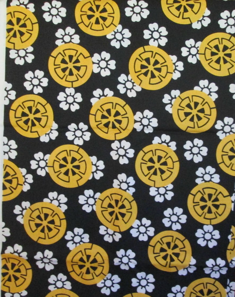 Vintage Black White and Yellow Fabric Cherry Blossoms and Citrus Gears