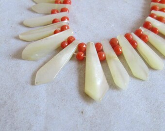 Vintage Mother of Pearl & Coral Necklace and Bracelet