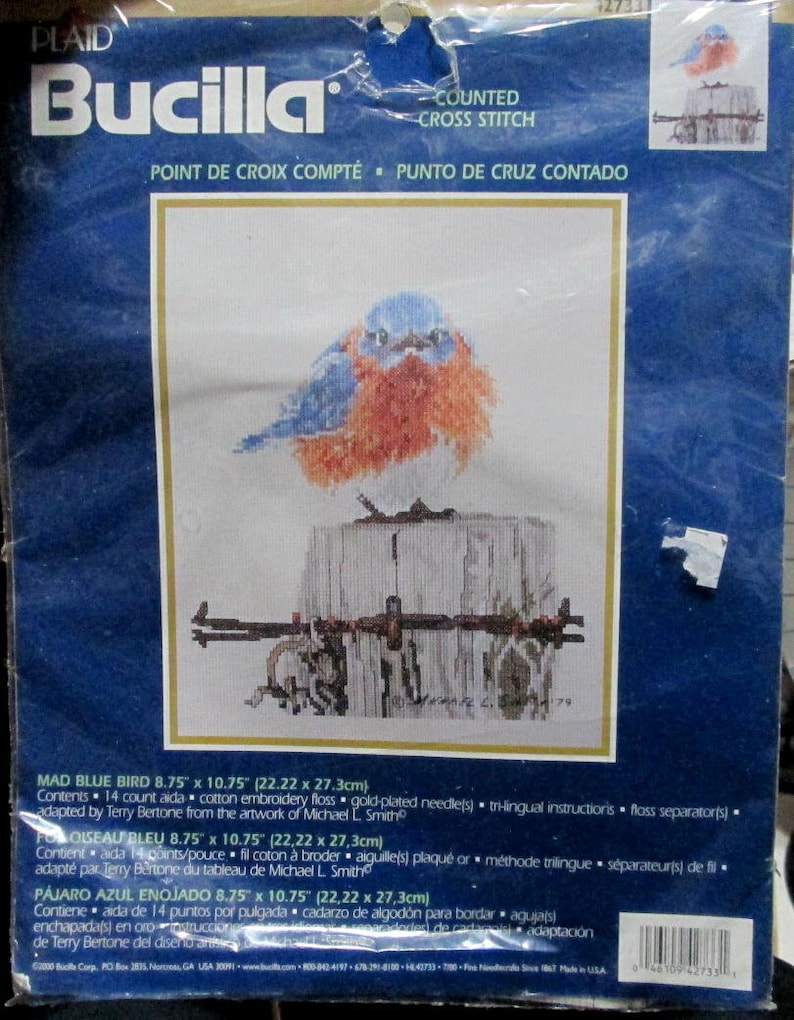 Vintage Bucilla Counted Cross Stitch Mad Blue Bird 2000