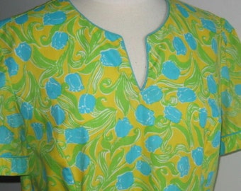 Vintage The Lilly Dress Blue Tulips on Yellow Lilly Pulitzer LG
