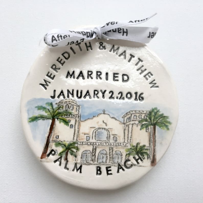 Personalized Wedding Ornament Gift For Couples: Hand-Painted Clay Keepsake with Custom Venue