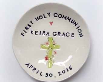 Personalized First Communion gift ceramic ring dish keepsake handmade by Cathie Carlson