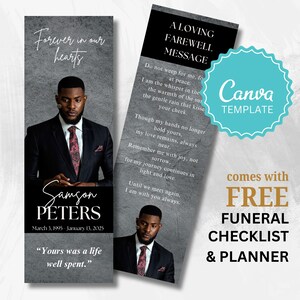 May include: Two memorial cards with a portrait of a man in a suit. One card reads "Forever in our hearts" and includes the name "Samson Peters" and dates. The other card has a farewell message and a Canva template label.