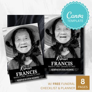 Biglietto funebre pieghevole da 8 pagine, in bianco e nero e monocromatico, per la perdita della madre - Invito al funerale modificabile in bianco e nero, per il servizio commemorativo