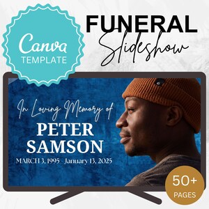 May include: A digital template for a funeral slideshow, featuring a photo of a man in a brown beanie. The text reads "In Loving Memory of PETER SAMSON" with his birth and death dates. The design includes the words "FUNERAL Slideshow" and "Canva TEMPLATE".