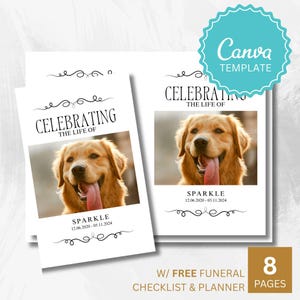 Programma funebre per cani per la perdita di un animale domestico Cartello commemorativo di 8 pagine – Modello di programma necrologio Canva modificabile per il servizio commemorativo