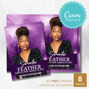 Programa Funerário de Obituário Roxo – Modelo Canva de 8 páginas para Perda de Filha e Serviço Memorial