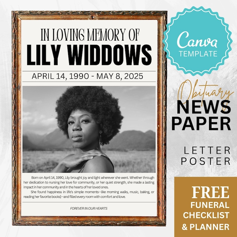 Black & White Obituary Newspaper Template for Loss of Daughter Modern