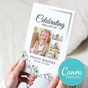 Plantilla de programa funerario con líneas florales simples: invitación editable para servicio conmemorativo en Canva para celebrar la vida