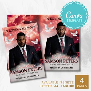 Masculine Red and Black Funeral Program Canva Template for Loss of Husband – 4 Page Bifold Editable Men Memorial Card Obituary Flyer