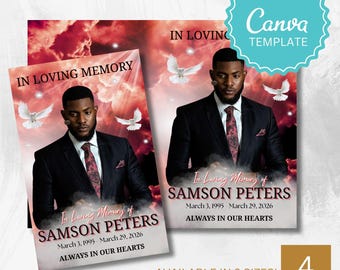 Canva-sjabloon voor mannelijk rood en zwart begrafenisprogramma voor verlies van echtgenoot – 4-pagina dubbelgevouwen bewerkbare mannen herdenkingskaart doodsbrief flyer