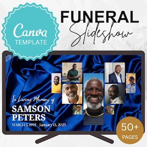 Blue Heart Collage Editable Funeral Slideshow Template With Music – Masculine Memorial Canva Unlimited Slides Obituary for Loss of Husband