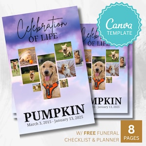 Invito per la perdita di un cane con collage di cuori e nuvole viola, pieghevoli, da 8 pagine - Modello commemorativo Canva modificabile