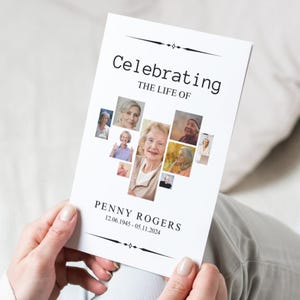 Peut inclure: Un livret blanc avec le titre "Celebrating The Life Of" et un collage de photos en forme de cœur. Le texte "Penny Rogers 12.06.1945 - 05.11.2024" est imprimé sous le collage.