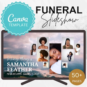 May include: A digital Canva template for a funeral slideshow. The design features a screen displaying photos of a woman, with text that reads "In Loving Memory of Samantha Feather, March 3, 1995 - January 13, 2025." The template includes over 50 pages.