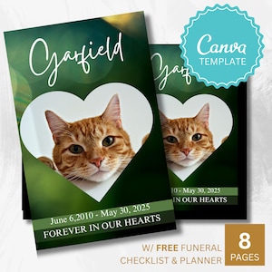 Programa funerario Green Heart Pet Memorial por la pérdida de un gato: Tarjeta conmemorativa plegable de 8 páginas, plantilla editable de Canva para obituario de homenaje a un gato.