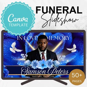 May include: A digital funeral slideshow template with a blue floral background and the text "IN LOVING MEMORY." The slideshow features a photo of a man in a suit, doves, and the name "Samson Peters." The template includes the text "Canva TEMPLATE" and "FUNERAL Slideshow."