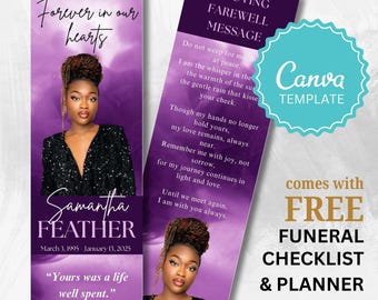 Puede incluir: Una plantilla de marcapáginas funerario morado con el retrato de una persona con peinado recogido, el texto Forever in our hearts, Samantha FEATHER, 3 de marzo de 1995 - 13 de enero de 2025 y A LOVING FAREWELL MESSAGE con un poema.