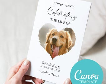 Hartsjabloon voor overlijden van hond Canva begrafenisprogramma voor verlies van huisdier – moderne, minimalistische bewerkbare sjabloon voor herdenkingsmonument voor verlies van hond