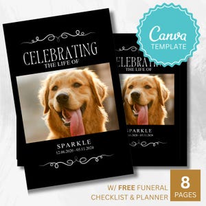 Programme de funérailles pour la perte d'un animal de compagnie sur fond noir - 8 pages à deux volets, simple modèle de carte commémorative modifiable sur toile d'invitation pour la perte d'un chien