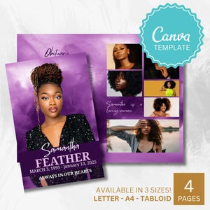 May include: A purple Canva template for an obituary, featuring a portrait of a woman and additional photos. The design includes the name "Samantha Feather" and dates, with the text "Always in our hearts."