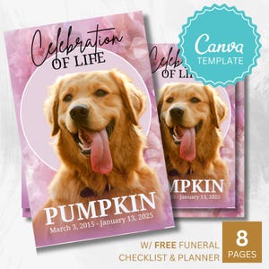 Invitation commémorative florale rose pour programme d'enterrement de la perte d'un animal de compagnie pour chien – Modèle de carte commémorative modifiable sur toile Golden Retriever à deux volets de 8 pages