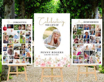 Floral Memorial Collage Sign Set | Editable Photo Tribute Template | Loss of Mother Father
