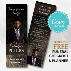 May include: Two memorial cards with a photo of a man in a suit and tie. The cards have text that reads "Forever in our hearts," "Samson Peters," and a farewell message. The cards are a Canva template and come with a free funeral checklist and planner.