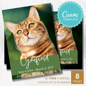 Begrafenisprogramma Green Pet Memorial – bewerkbare canva-sjabloon voor overlijdensadvertentie voor de viering van het leven door kat of hond