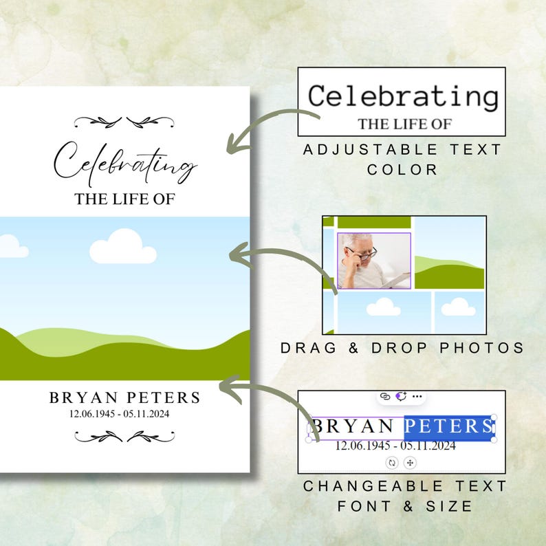 Op de afbeelding: Een aanpasbare sjabloon voor een gedenkteken met een blauwe lucht, groene heuvels en witte wolken. De tekst "Celebrating the Life of" staat bovenaan de sjabloon. De tekst "Bryan Peters 12.06.1945-05.11.2024" staat onderaan de sjabloon. De sjabloon heeft een plek om een foto toe te voegen.