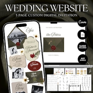 Puede incluir: Diseño de sitio web de boda digital que se muestra en un teléfono y una computadora portátil. El teléfono muestra una invitación personalizada con fotos, nombres y detalles del evento. La computadora portátil muestra un diseño similar.