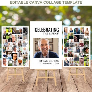 Pode incluir: Um collage de fotos em preto e branco em um cavalete com uma foto maior de um homem no centro. O collage é intitulado "Celebrating the Life of Bryan Peters 12.06.1945 - 05.11.2024".