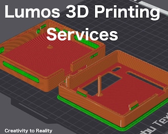 May include: Two 3D printed boxes, one open and one closed, with a red and orange colour scheme. The boxes have a grid-like pattern on the surface. The text "Lumos 3D Printing Services" is at the top of the image. The text "Creativity to Reality" is at the bottom of the image.
