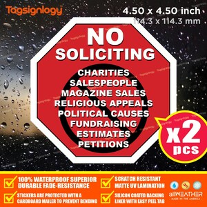 No Soliciting (2 pcs) UV Weatherproof Vinyl Sticker for Window Door Wall Home Businesses Waterproof Outdoor Decal Sign [4.50 x 4.50 inch]