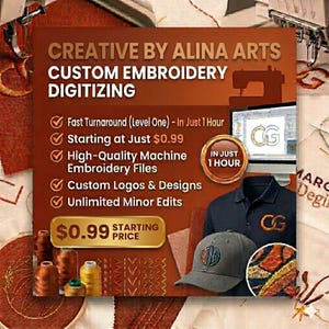 Puede incluir: Un gráfico promocional para los servicios de digitalización de bordados personalizados de Creative by Alina Arts. La imagen presenta texto, un monitor de computadora con un logotipo, un polo oscuro con un logotipo bordado y una gorra gris bordada.