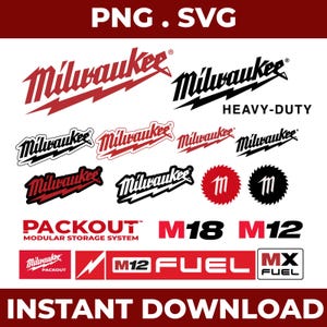 Puede incluir: Una colección digital de logotipos y gráficos de texto de la marca Milwaukee, incluyendo las palabras Milwaukee, Heavy-Duty, Packout, M18, M12, Fuel y MX Fuel. Los diseños presentan esquemas de color rojo y negro con motivos de rayos e iconos de hojas de sierra circular.