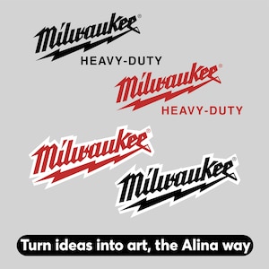 Puede incluir: Varios diseños de logotipos de Milwaukee en negro y rojo, con acentos de rayos. Las palabras "HEAVY-DUTY" aparecen debajo de algunos logotipos. El texto "Turn ideas into art, the Alina way" está en la parte inferior.