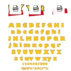 Puede incluir: Un conjunto completo de alfabeto y números en una fuente amarilla en negrita con un contorno rojo. Incluye letras mayúsculas y minúsculas, números del 0 al 9 y caracteres especiales. La fuente se muestra sobre un fondo blanco.