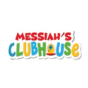 Puede incluir: Un logotipo colorido con el texto "MESSIAH'S CLUBHOUSE" en rojo, verde, azul y amarillo. La palabra "CLUBHOUSE" presenta un icono de casa de dibujos animados. El logotipo tiene un contorno blanco y una sombra paralela.