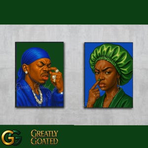 Funny Bathroom Stink Face Poster Set – 8.5 x 11  Print, Digital Art of Black Girl  Black Man with Bonnet & Durag  –green and blue