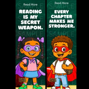 Superhero Reading Bookmarks for Kids | 2x6 Digital Download | Black Boy & Girl Characters | Motivational Bookmarks | Instant Classroom Gift
