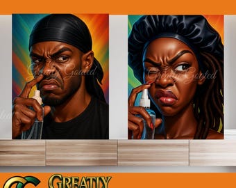 Funny Bathroom Stink Face Poster Set – 8.5 x 11  Print, Digital Art of Black Girl  Black Man with Bonnet & Durag – instant download