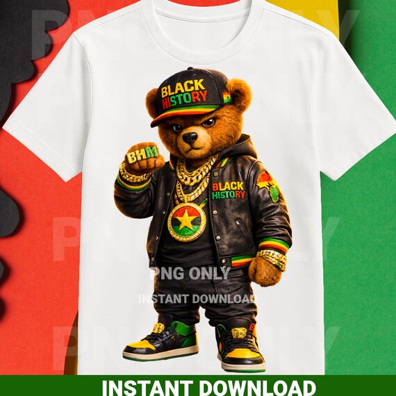 Black History Bear PNG | BHM Teddy Bear Streetwear Design | Black Excellence Digital Download | Afrocentric PNG Shirt Design