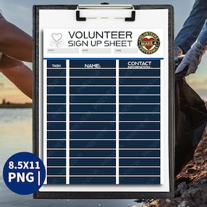 Folha de inscrição para voluntários PNG | Folha de inscrição para impressão | Registro de escola, igreja, comunidade, eventos e arrecadação de fundos | Download digital 8,5x11