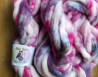 Hand Dyed COTTON Sliver Roving Easy to Spin Cotton /  Colorway - One of a Kind 029