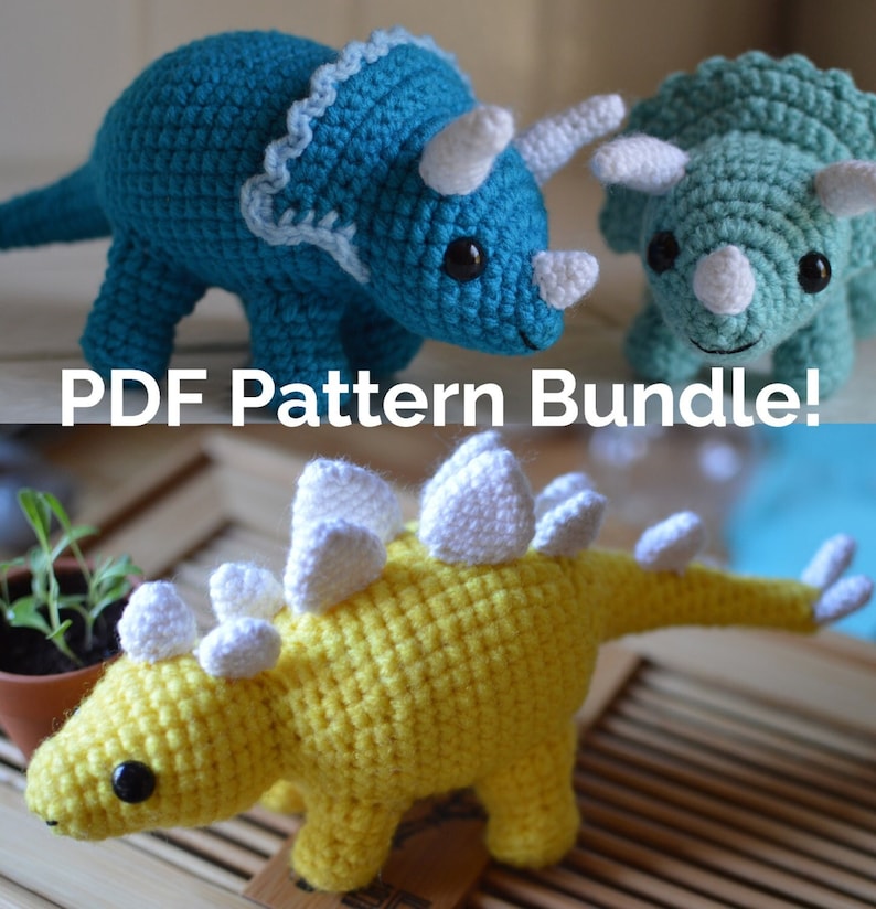 Triceratops Stegosaurus Dinosaurio Amigurumi Patrón de ganchillo Paquete de paquetes PDF imagen 1