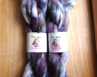 Hand Dyed COTTON Sliver Roving Easy to Spin Cotton /  Colorway - One of a Kind 013