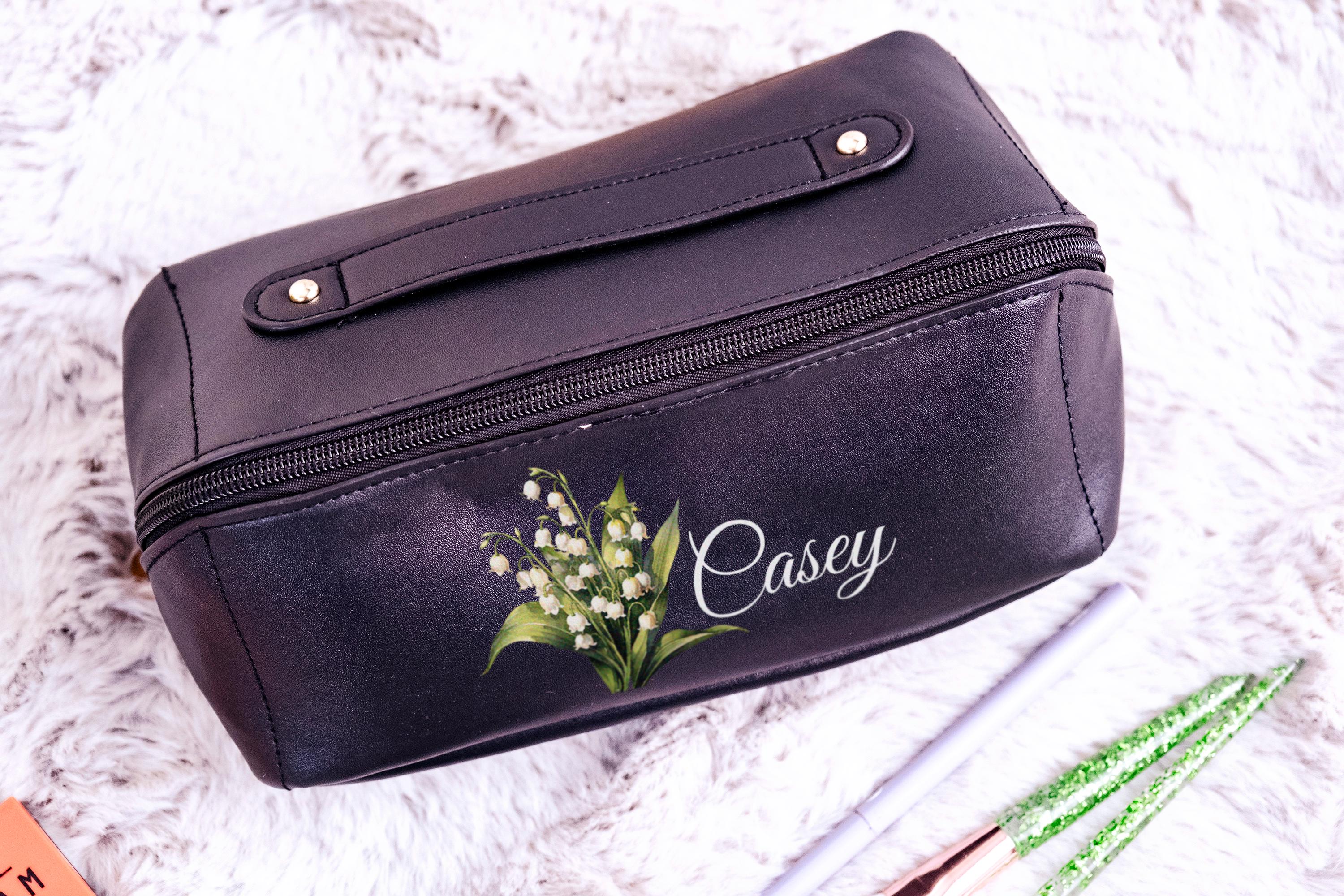 Custom Birth Flower Makeup Bag, Personalized Leather Cosmetic Bag, Floral Makeup Organizer, Travel Toiletry Bag, Bridesmaid Gift for Her